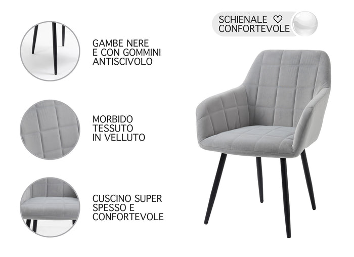 Poltroncina Classica con Braccioli per Camera da Letto in Velluto Design Moderno-Grigio