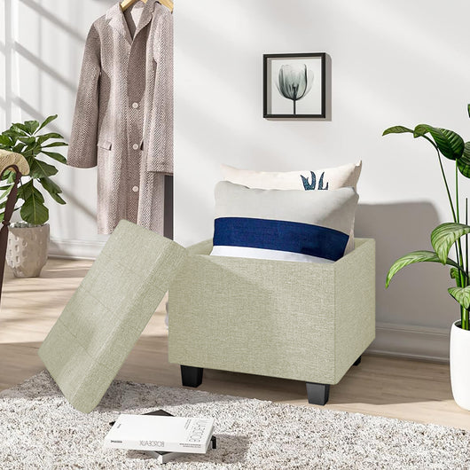 Pouf Poggiapiedi Cubico XXL Con Contenitore Integrato Cubo Imbottito Lino 45Cm Piedini legno Panca Moderna Cassapanca Soggiorno Panchina Ingresso Scarpiera Sgabello Grande - Crema