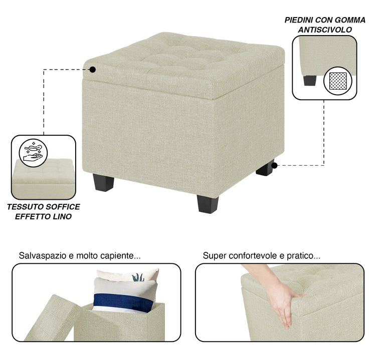 Pouf Poggiapiedi Cubico XXL Con Contenitore Integrato Cubo Imbottito Lino 45Cm Piedini legno Panca Moderna Cassapanca Soggiorno Panchina Ingresso Scarpiera Sgabello Grande - Crema