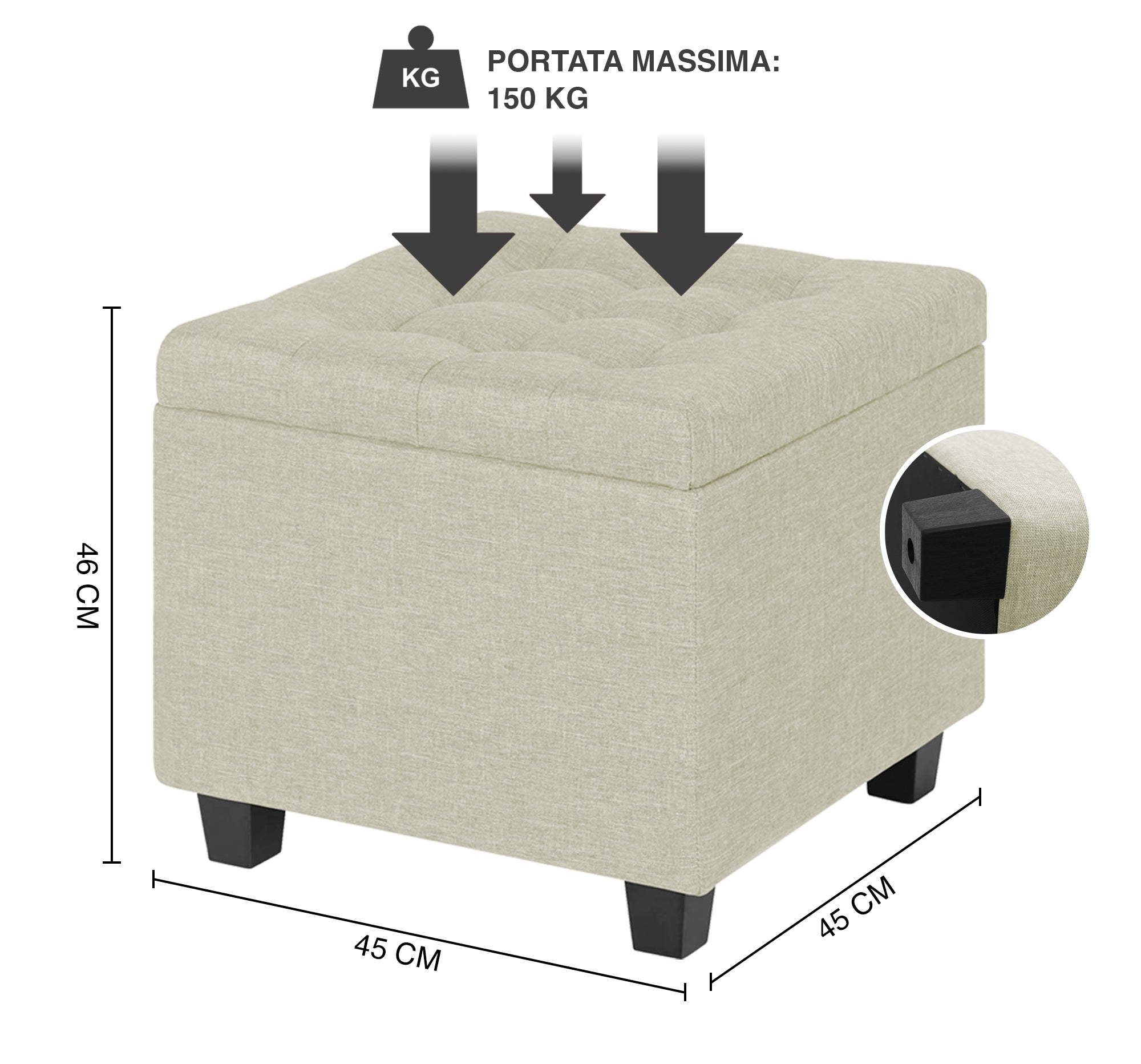 Pouf Poggiapiedi Cubico XXL Con Contenitore Integrato Cubo Imbottito Lino 45Cm Piedini legno Panca Moderna Cassapanca Soggiorno Panchina Ingresso Scarpiera Sgabello Grande - Crema