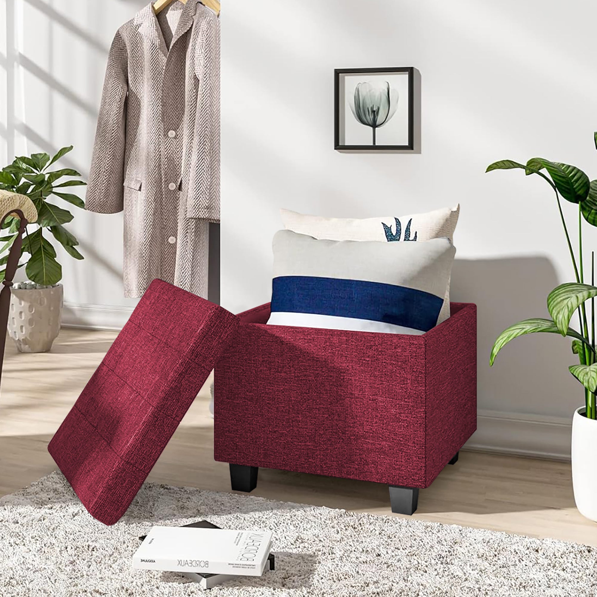 Pouf Poggiapiedi Cubico XXL Con Contenitore Integrato Cubo Imbottito Lino 45Cm Piedini legno Panca Moderna Cassapanca Soggiorno Panchina Ingresso Scarpiera Sgabello Grande - Bordeaux2