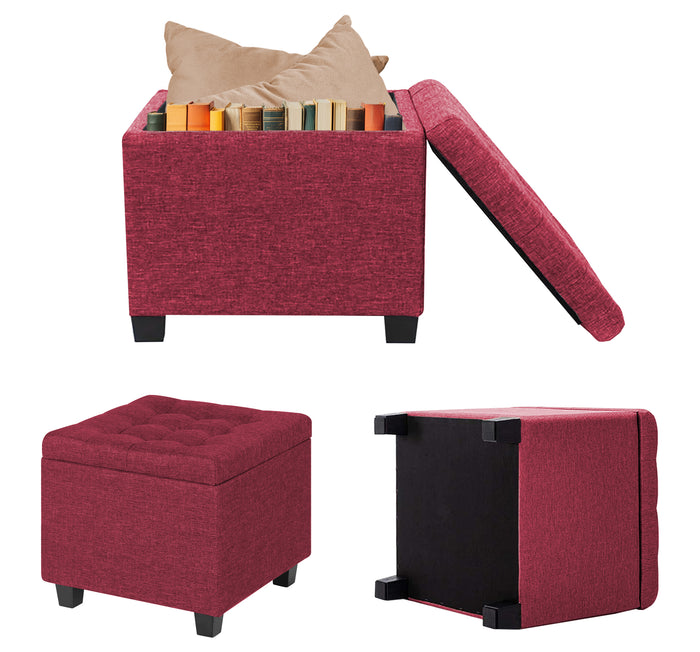 Pouf Poggiapiedi Cubico XXL Con Contenitore Integrato Cubo Imbottito Lino 45Cm Piedini legno Panca Moderna Cassapanca Soggiorno Panchina Ingresso Scarpiera Sgabello Grande - Bordeaux2