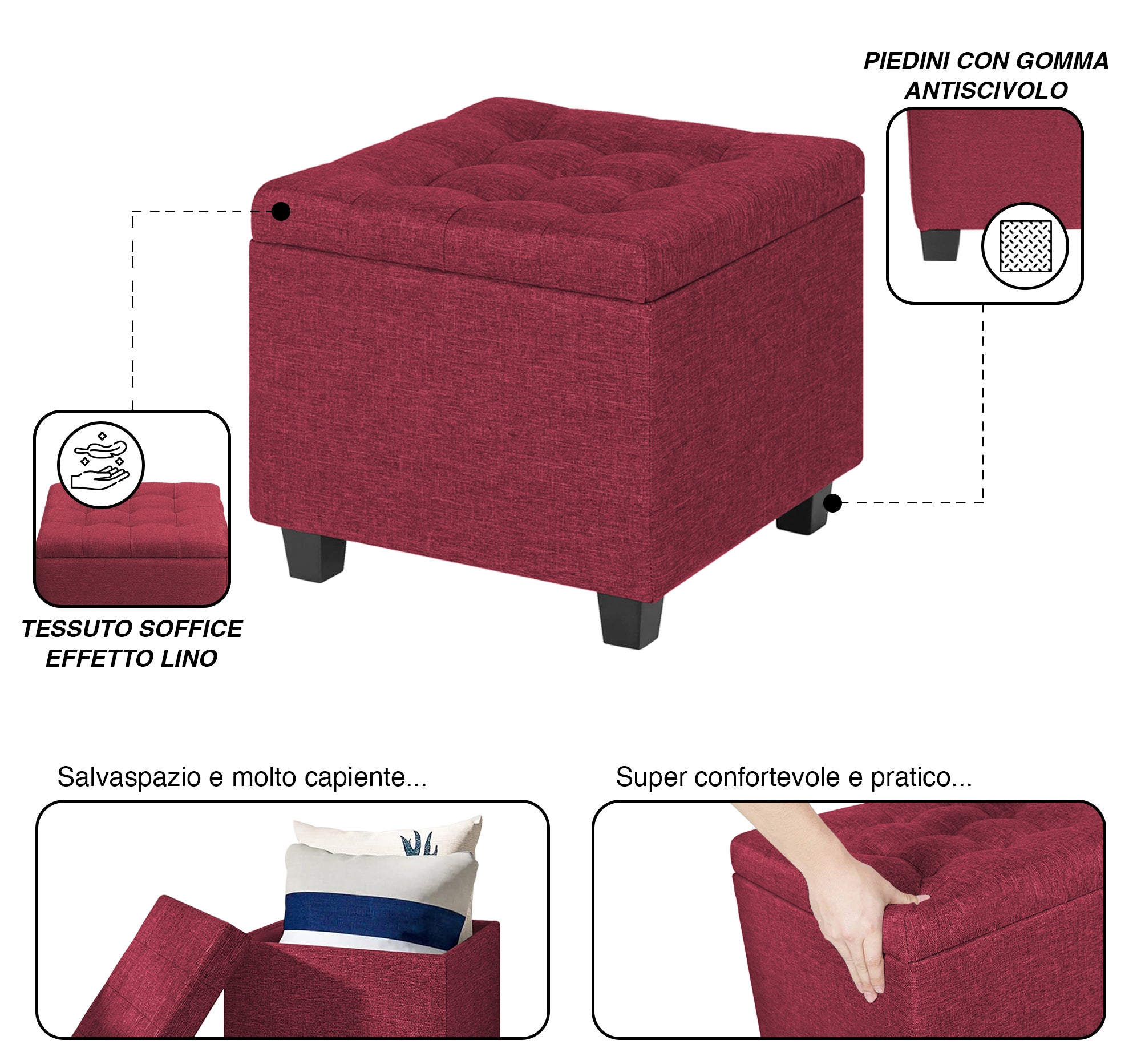 Pouf Poggiapiedi Cubico XXL Con Contenitore Integrato Cubo Imbottito Lino 45Cm Piedini legno Panca Moderna Cassapanca Soggiorno Panchina Ingresso Scarpiera Sgabello Grande - Bordeaux2