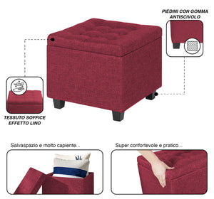 Pouf Poggiapiedi Cubico XXL Con Contenitore Integrato Cubo Imbottito Lino 45Cm Piedini legno Panca Moderna Cassapanca Soggiorno Panchina Ingresso Scarpiera Sgabello Grande - Bordeaux2