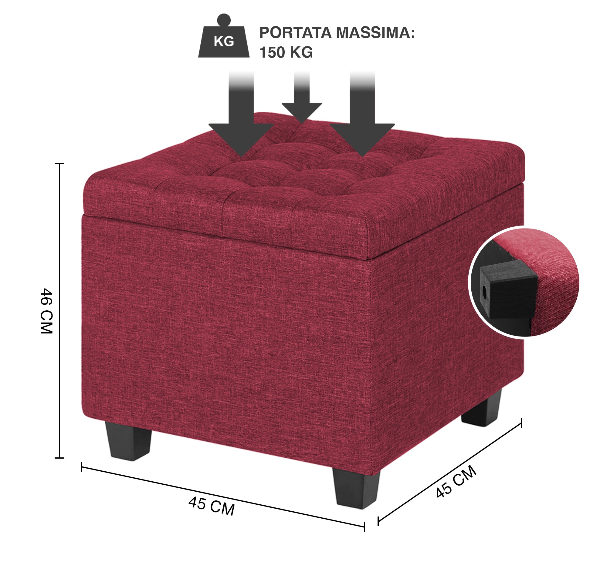 Pouf Poggiapiedi Cubico XXL Con Contenitore Integrato Cubo Imbottito Lino 45Cm Piedini legno Panca Moderna Cassapanca Soggiorno Panchina Ingresso Scarpiera Sgabello Grande - Bordeaux2