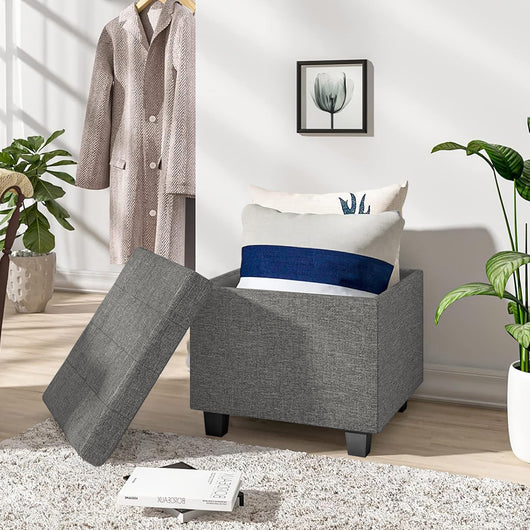 Pouf Poggiapiedi Cubico XXL Con Contenitore Integrato Cubo Imbottito Lino 45Cm Piedini legno Panca Moderna Cassapanca Soggiorno Panchina Ingresso Scarpiera Sgabello Grande - Grigio1