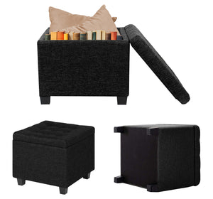 Pouf Poggiapiedi Cubico XXL Con Contenitore Integrato Cubo Imbottito Lino 45Cm Piedini legno Panca Moderna Cassapanca Soggiorno Panchina Ingresso Scarpiera Sgabello Grande - Nero6