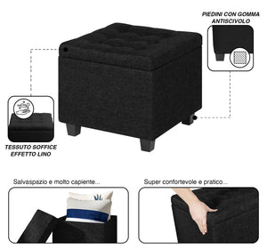 Pouf Poggiapiedi Cubico XXL Con Contenitore Integrato Cubo Imbottito Lino 45Cm Piedini legno Panca Moderna Cassapanca Soggiorno Panchina Ingresso Scarpiera Sgabello Grande - Nero6