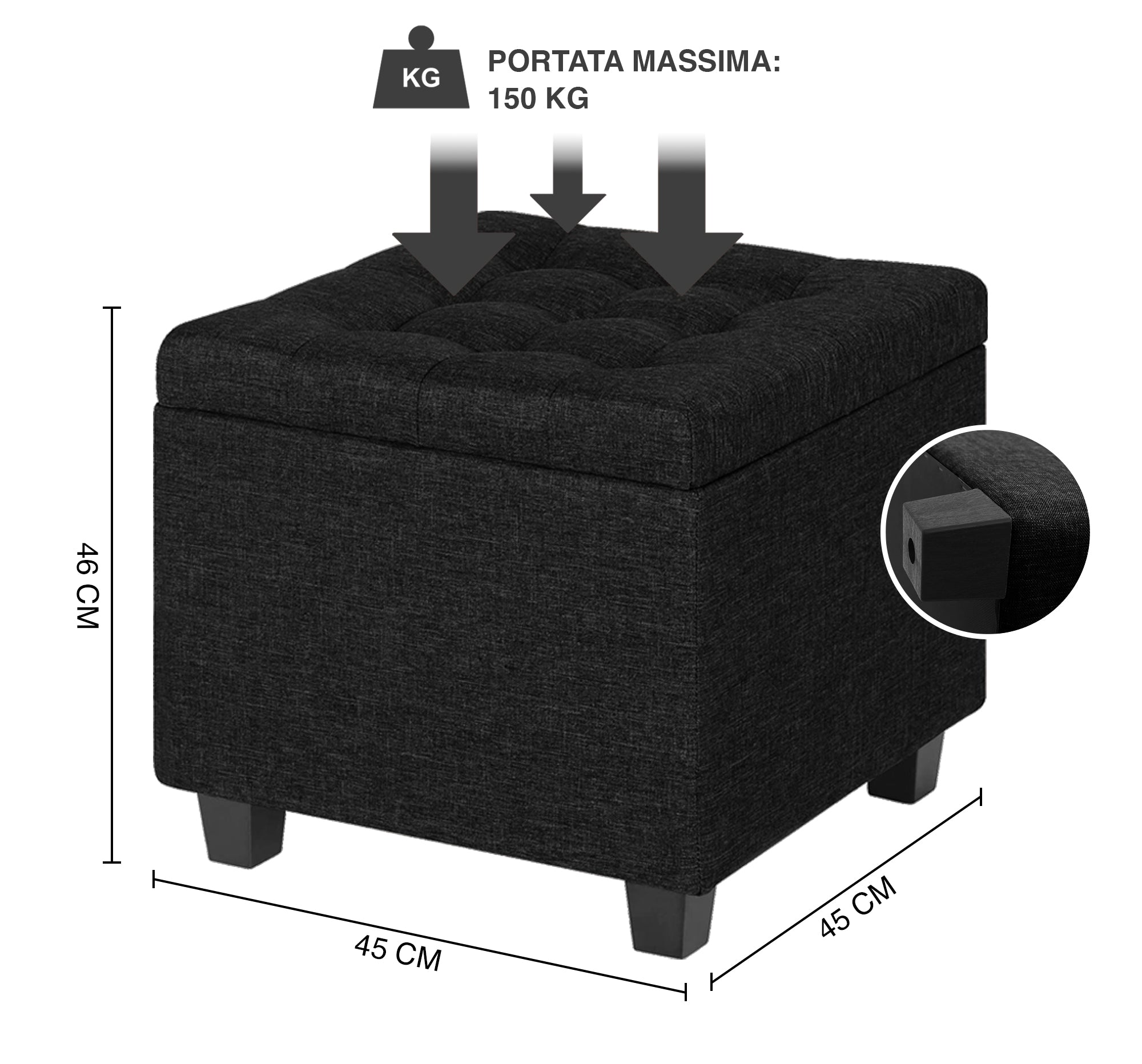 Pouf Poggiapiedi Cubico XXL Con Contenitore Integrato Cubo Imbottito Lino 45Cm Piedini legno Panca Moderna Cassapanca Soggiorno Panchina Ingresso Scarpiera Sgabello Grande - Nero6