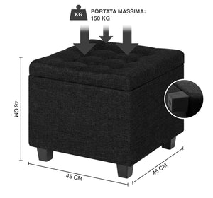 Pouf Poggiapiedi Cubico XXL Con Contenitore Integrato Cubo Imbottito Lino 45Cm Piedini legno Panca Moderna Cassapanca Soggiorno Panchina Ingresso Scarpiera Sgabello Grande - Nero6