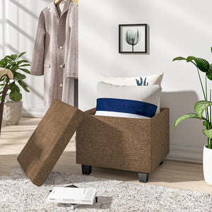 Pouf Poggiapiedi Cubico XXL Con Contenitore Integrato Cubo Imbottito Lino 45Cm Piedini legno Panca Moderna Cassapanca Soggiorno Panchina Ingresso Scarpiera Sgabello Grande - Tortora