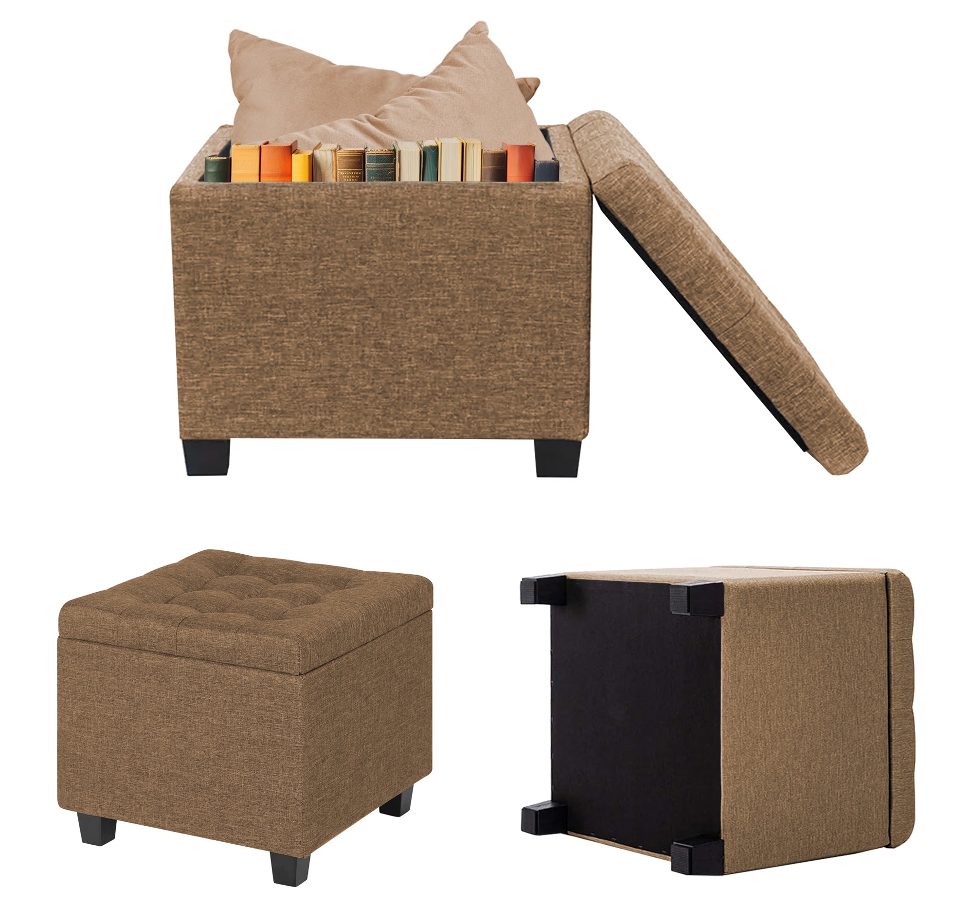 Pouf Poggiapiedi Cubico XXL Con Contenitore Integrato Cubo Imbottito Lino 45Cm Piedini legno Panca Moderna Cassapanca Soggiorno Panchina Ingresso Scarpiera Sgabello Grande - Tortora