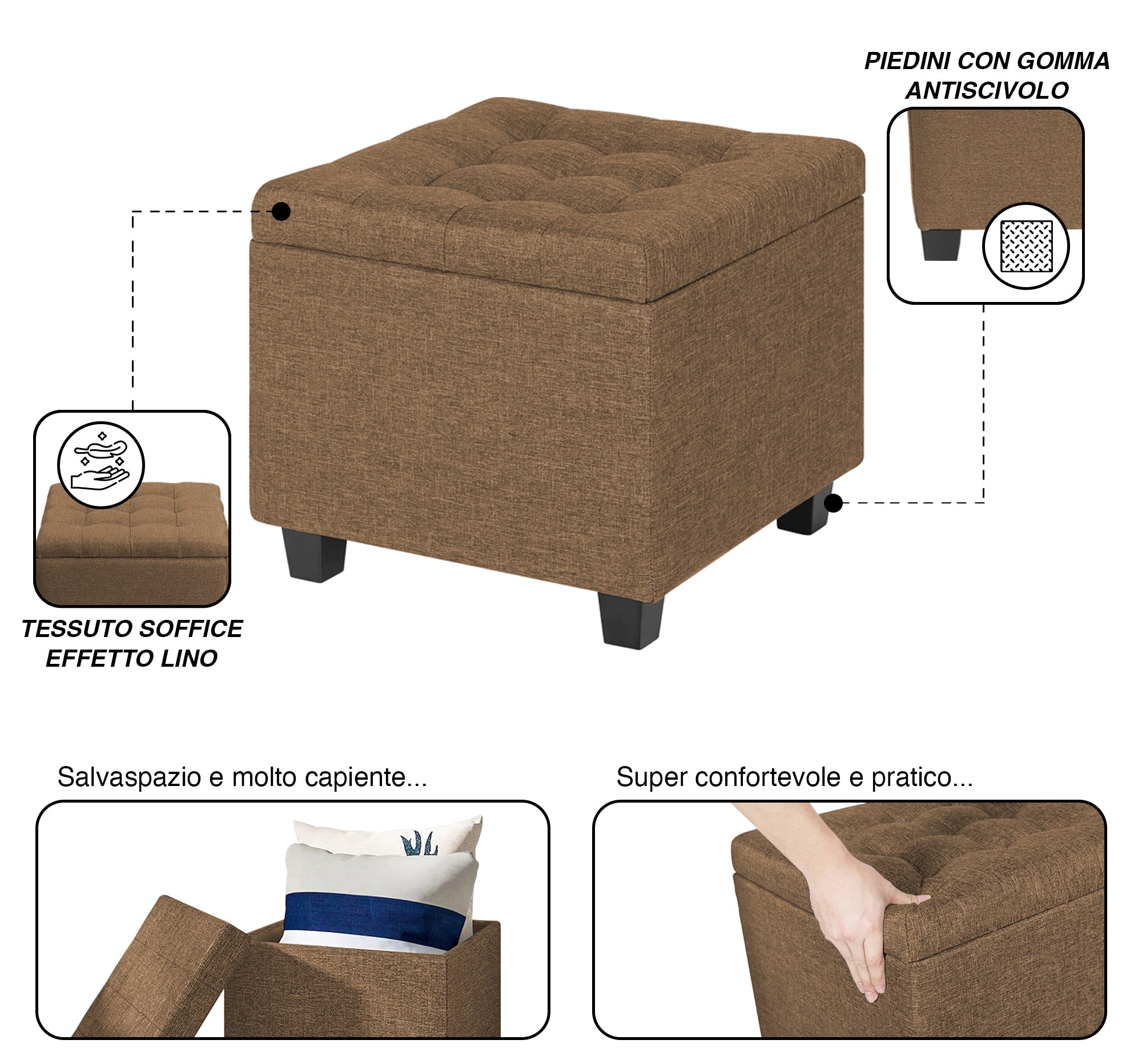 Pouf Poggiapiedi Cubico XXL Con Contenitore Integrato Cubo Imbottito Lino 45Cm Piedini legno Panca Moderna Cassapanca Soggiorno Panchina Ingresso Scarpiera Sgabello Grande - Tortora