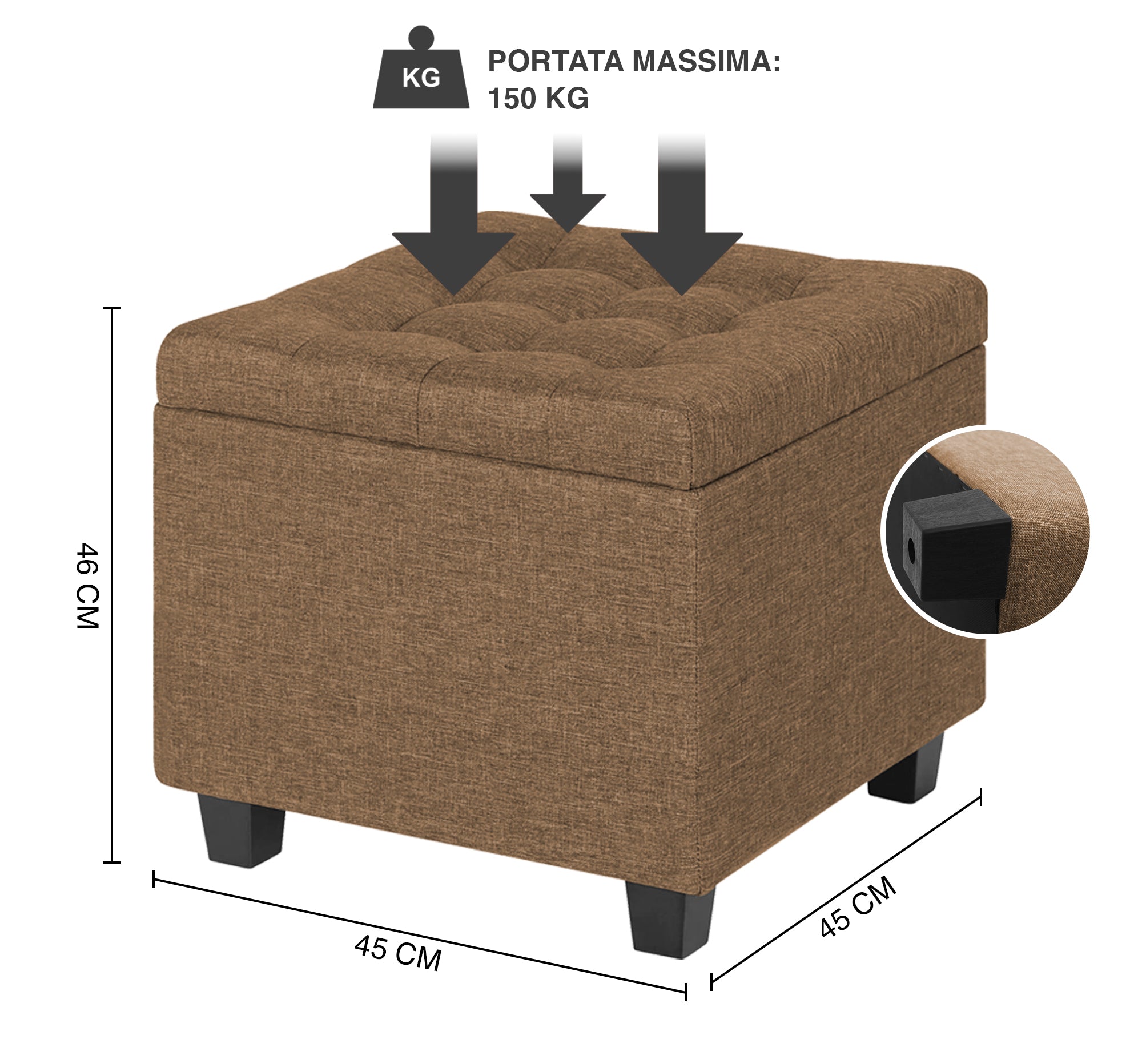 Pouf Poggiapiedi Cubico XXL Con Contenitore Integrato Cubo Imbottito Lino 45Cm Piedini legno Panca Moderna Cassapanca Soggiorno Panchina Ingresso Scarpiera Sgabello Grande - Tortora