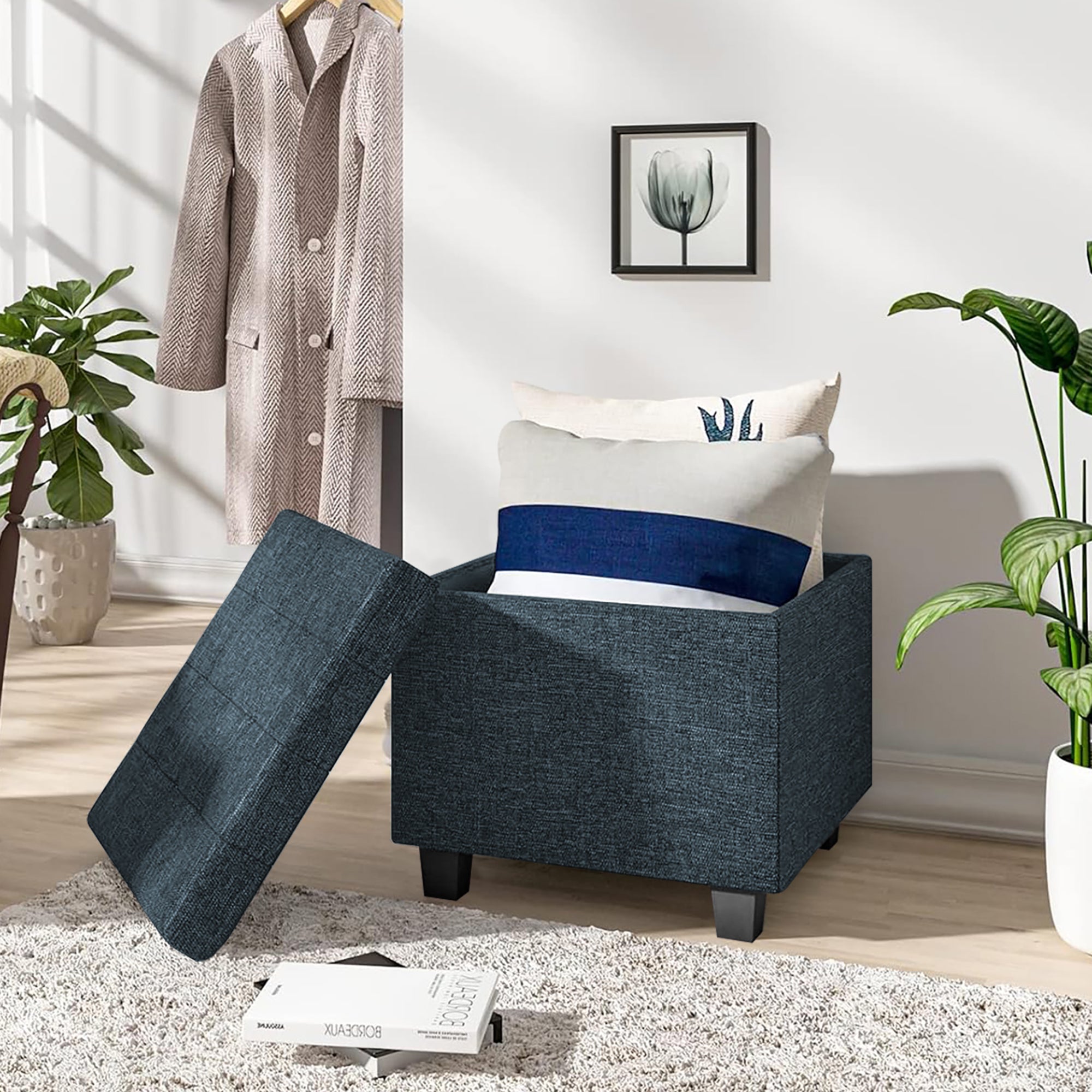 Pouf Poggiapiedi Cubico XXL Con Contenitore Integrato Cubo Imbottito Lino 45Cm Piedini legno Panca Moderna Cassapanca Soggiorno Panchina Ingresso Scarpiera Sgabello Grande - Blu4