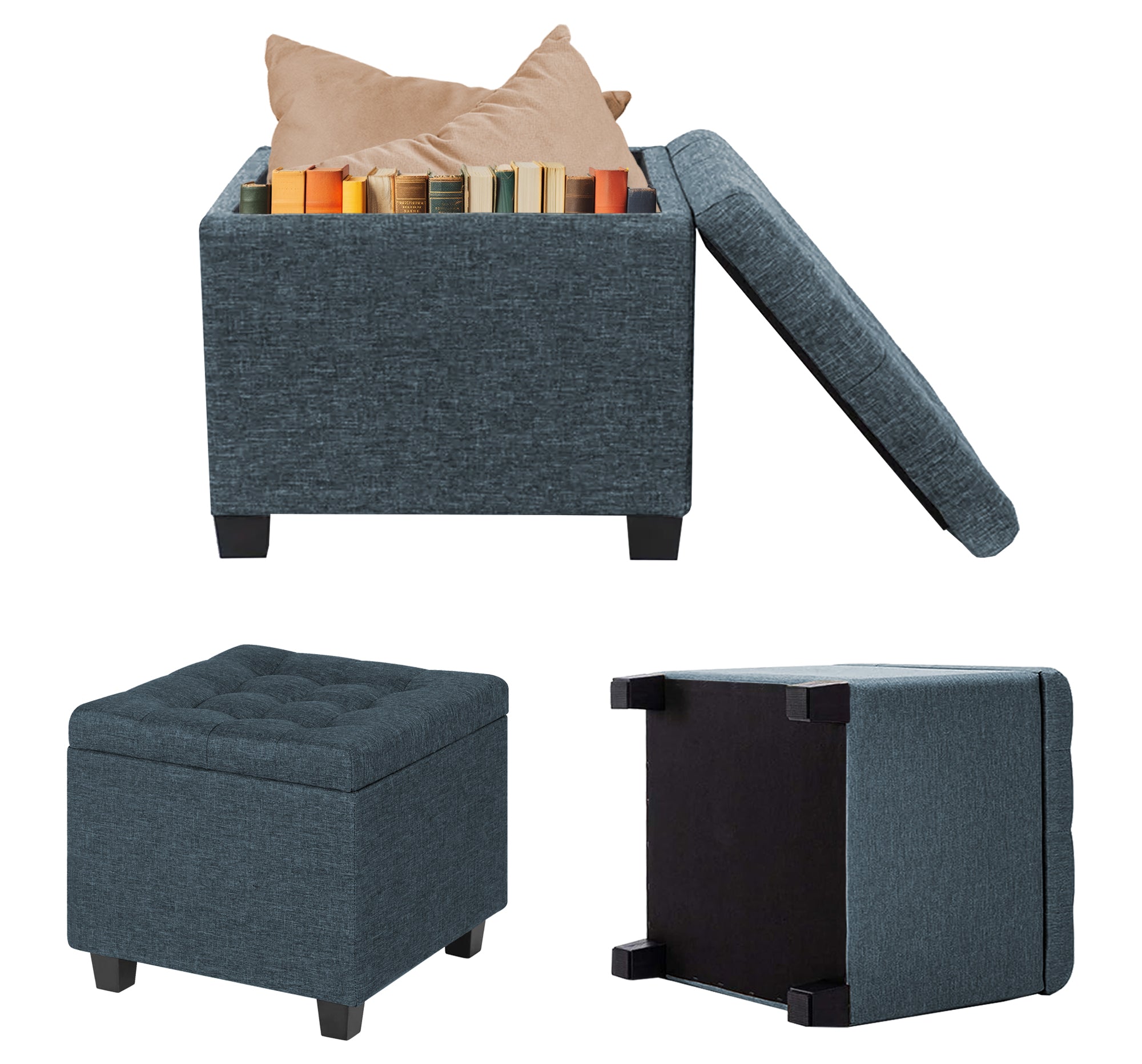 Pouf Poggiapiedi Cubico XXL Con Contenitore Integrato Cubo Imbottito Lino 45Cm Piedini legno Panca Moderna Cassapanca Soggiorno Panchina Ingresso Scarpiera Sgabello Grande - Blu4