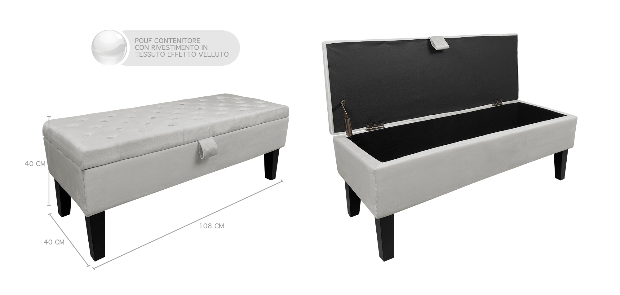 Divanetto In Velluto Panca Contenitore Pouf PortaOggetti Panca Sgabello A Pie Di Letto Cassapanca Ingresso Legno Massello Panchina - Grigio