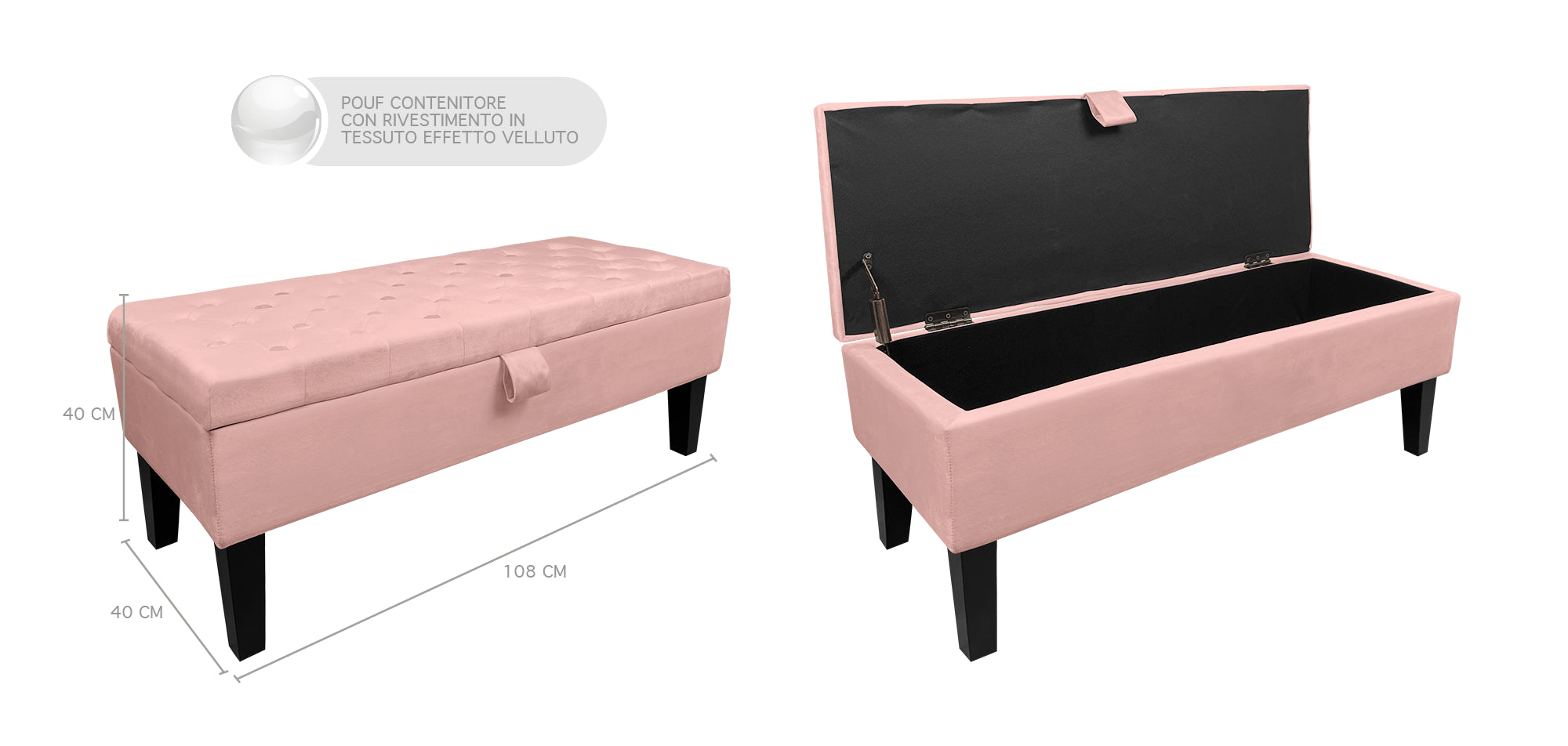 Divanetto In Velluto Panca Contenitore Pouf PortaOggetti Panca Sgabello A Pie Di Letto Cassapanca Ingresso Legno Massello Panchina - Rosa