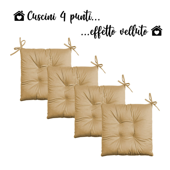 Set 4 Cuscini Sedie 4 Punti Coprisedie Effetto Velluto Con Lacci Prodotto Italiano Tinta Unita 4 Pezzi Cuscino Cucina Sala Da Pranzo Soggiorno Imbottitura 5Cm - Beige