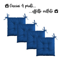 Set 4 Cuscini Sedie 4 Punti Coprisedie Effetto Velluto Con Lacci Prodotto Italiano Tinta Unita 4 Pezzi Cuscino Cucina Sala Da Pranzo Soggiorno Imbottitura 5Cm - Blu