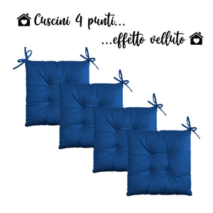 Set 4 Cuscini Sedie 4 Punti Coprisedie Effetto Velluto Con Lacci Prodotto Italiano Tinta Unita 4 Pezzi Cuscino Cucina Sala Da Pranzo Soggiorno Imbottitura 5Cm - Blu