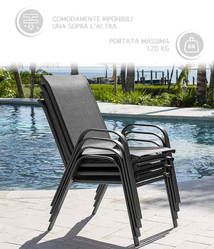 Set 4 Sedie In Acciaio Impilabili Schienale Alto Seduta Textilene Sedie Da Esterno Terrazzo,Giardino,Balcone,Patio,Piscina 92x70x54Cm - Nero