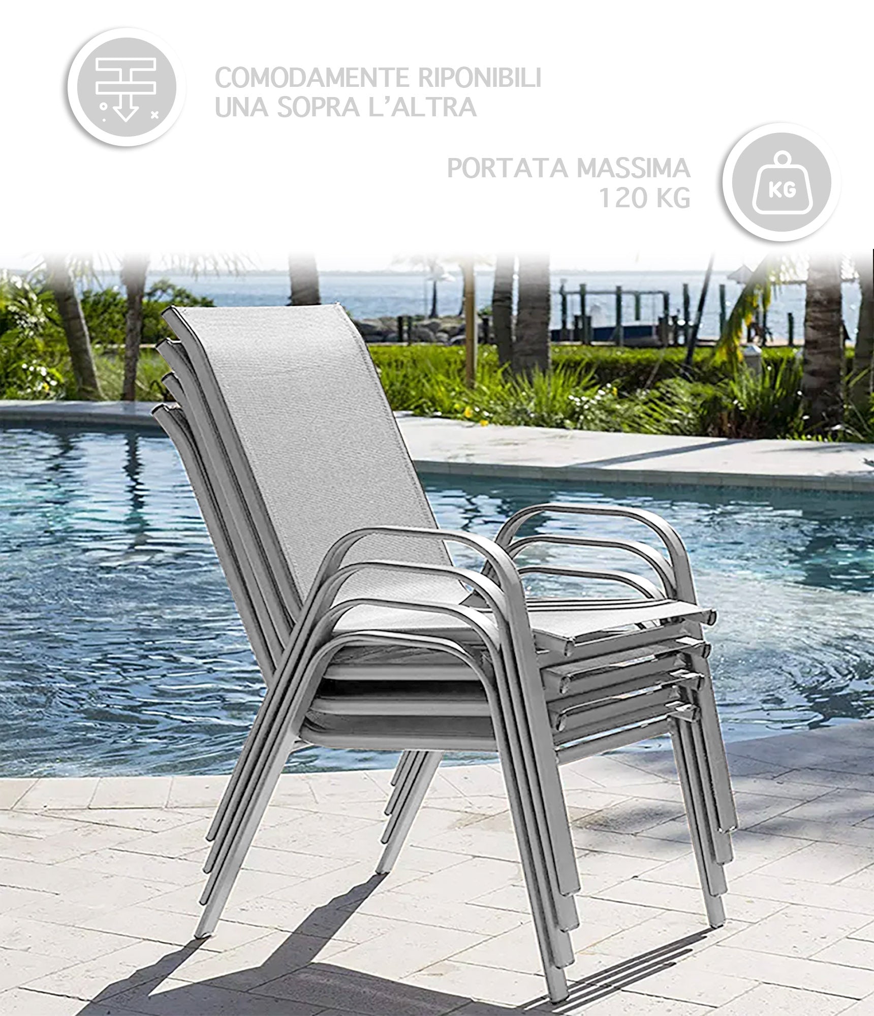 Set 4 Sedie In Acciaio Impilabili Schienale Alto Seduta Textilene Sedie Da Esterno Terrazzo,Giardino,Balcone,Patio,Piscina 92x70x54Cm - GrigioChiaro