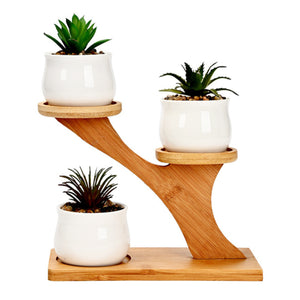 Set 4 Pezzi Vasi In Ceramica Con Decorazioni Fiori Piante Grasse Con Sotto Vaso In Bambù Foro Centrale Vasetti Cactus Decorazione Interno Esterno Con Foro Scarico Contenitore  - 5AlberelloNeutro