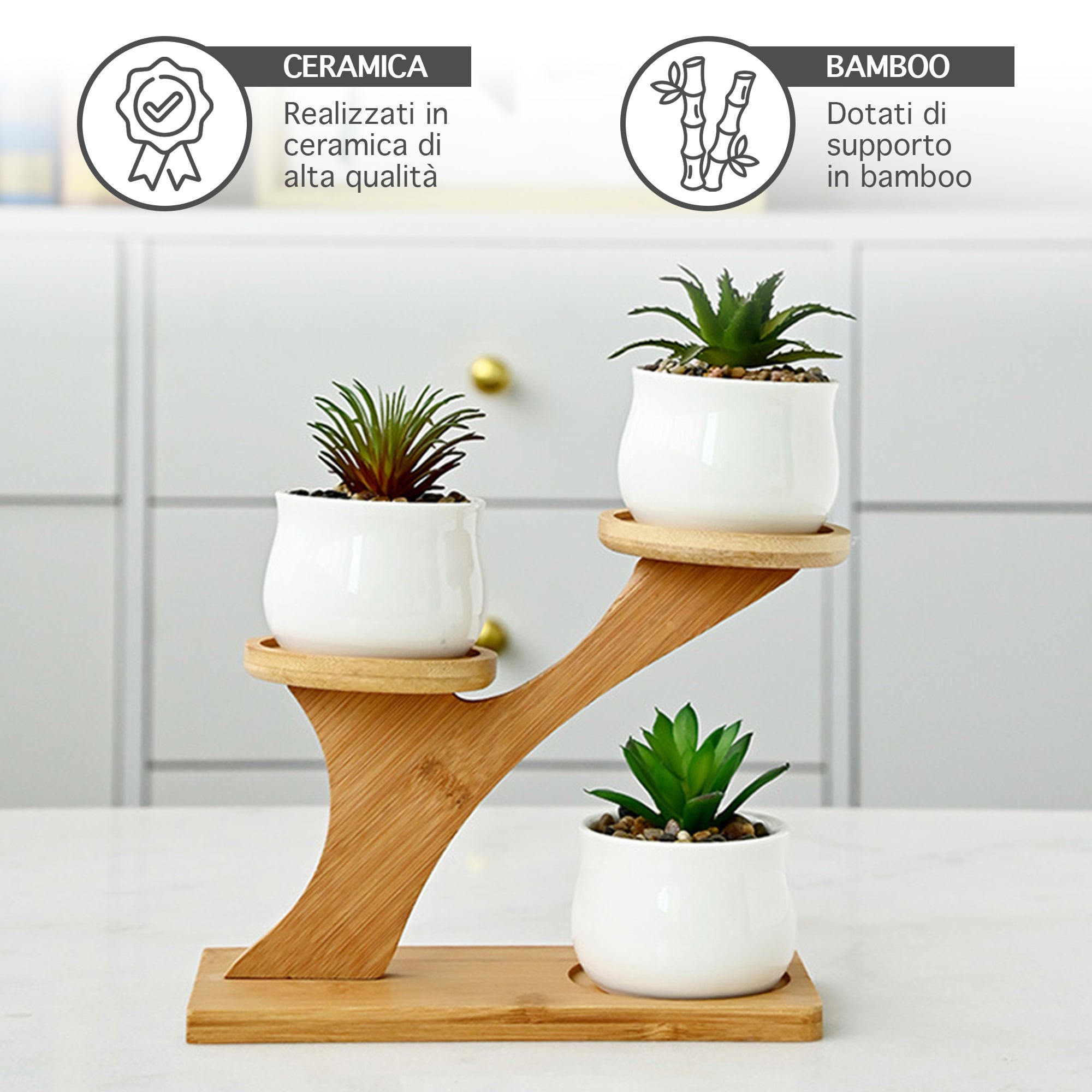 Set 4 Pezzi Vasi In Ceramica Con Decorazioni Fiori Piante Grasse Con Sotto Vaso In Bambù Foro Centrale Vasetti Cactus Decorazione Interno Esterno Con Foro Scarico Contenitore  - 5AlberelloNeutro