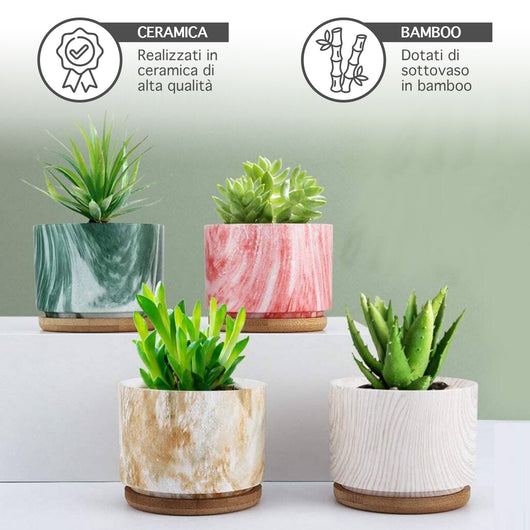 Set 4 Pezzi Vasi In Ceramica Con Decorazioni Fiori Piante Grasse Con Sotto Vaso In Bambù Foro Centrale Vasetti Cactus Decorazione Interno Esterno Con Foro Scarico Contenitore  - 6Shades