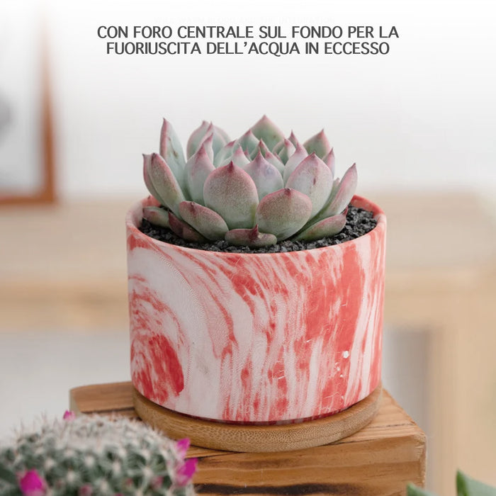 Set 4 Pezzi Vasi In Ceramica Con Decorazioni Fiori Piante Grasse Con Sotto Vaso In Bambù Foro Centrale Vasetti Cactus Decorazione Interno Esterno Con Foro Scarico Contenitore  - 6Shades