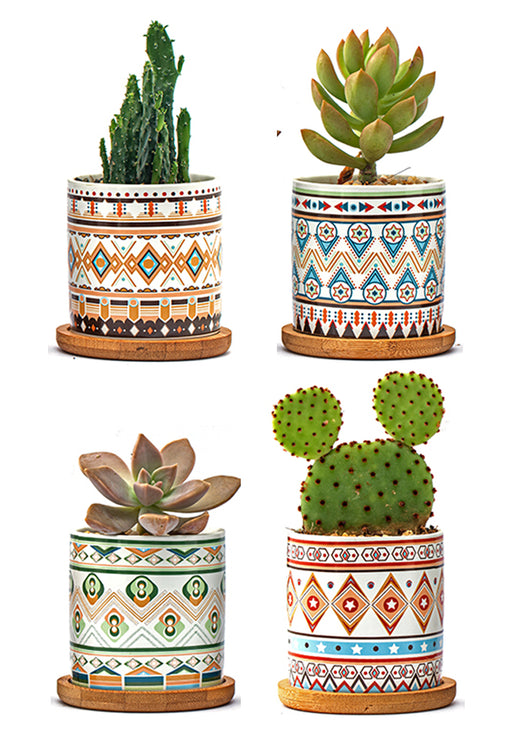 Set 4 Pezzi Vasi In Ceramica Con Decorazioni Fiori Piante Grasse Con Sotto Vaso In Bambù Foro Centrale Vasetti Cactus Decorazione Interno Esterno Con Foro Scarico Contenitore  - 7Mantra