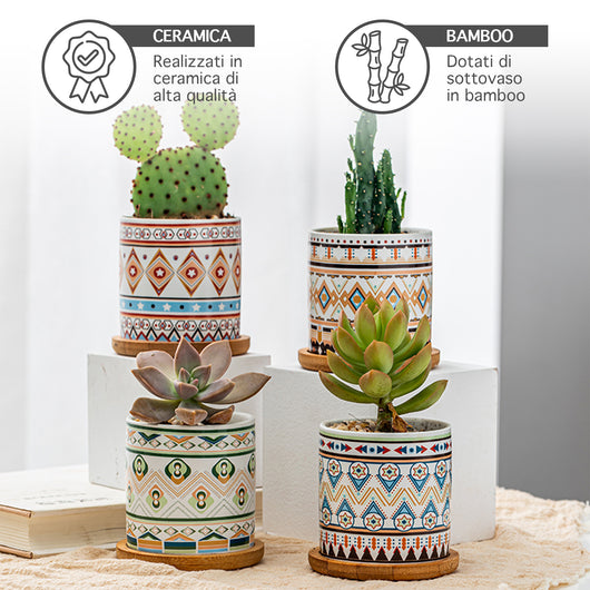 Set 4 Pezzi Vasi In Ceramica Con Decorazioni Fiori Piante Grasse Con Sotto Vaso In Bambù Foro Centrale Vasetti Cactus Decorazione Interno Esterno Con Foro Scarico Contenitore  - 7Mantra