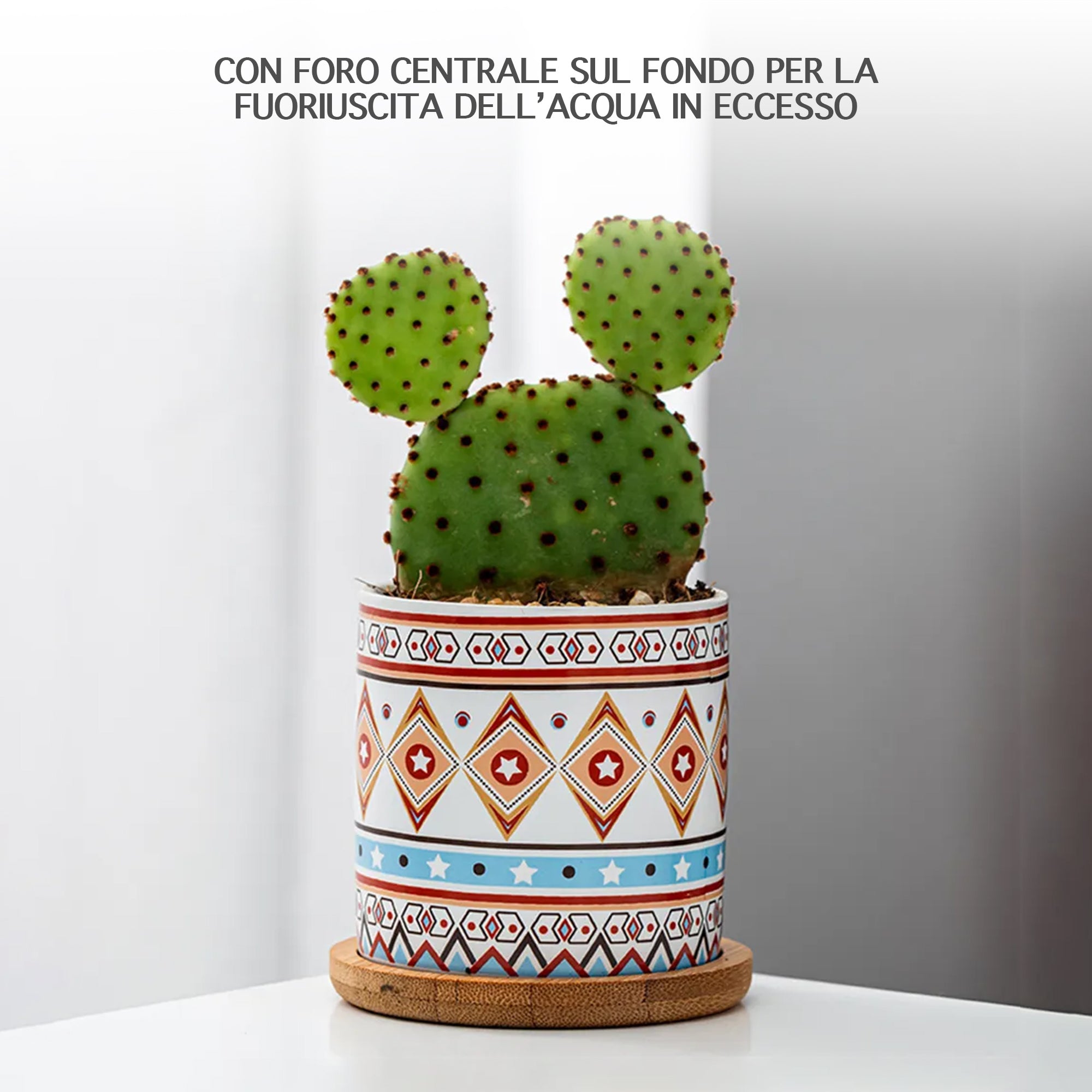 Set 4 Pezzi Vasi In Ceramica Con Decorazioni Fiori Piante Grasse Con Sotto Vaso In Bambù Foro Centrale Vasetti Cactus Decorazione Interno Esterno Con Foro Scarico Contenitore  - 7Mantra