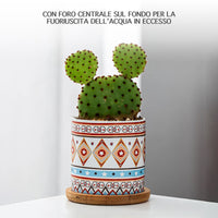 Set 4 Pezzi Vasi In Ceramica Con Decorazioni Fiori Piante Grasse Con Sotto Vaso In Bambù Foro Centrale Vasetti Cactus Decorazione Interno Esterno Con Foro Scarico Contenitore  - 7Mantra