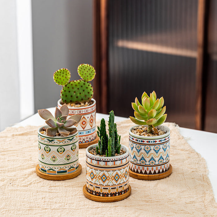 Set 4 Pezzi Vasi In Ceramica Con Decorazioni Fiori Piante Grasse Con Sotto Vaso In Bambù Foro Centrale Vasetti Cactus Decorazione Interno Esterno Con Foro Scarico Contenitore  - 7Mantra