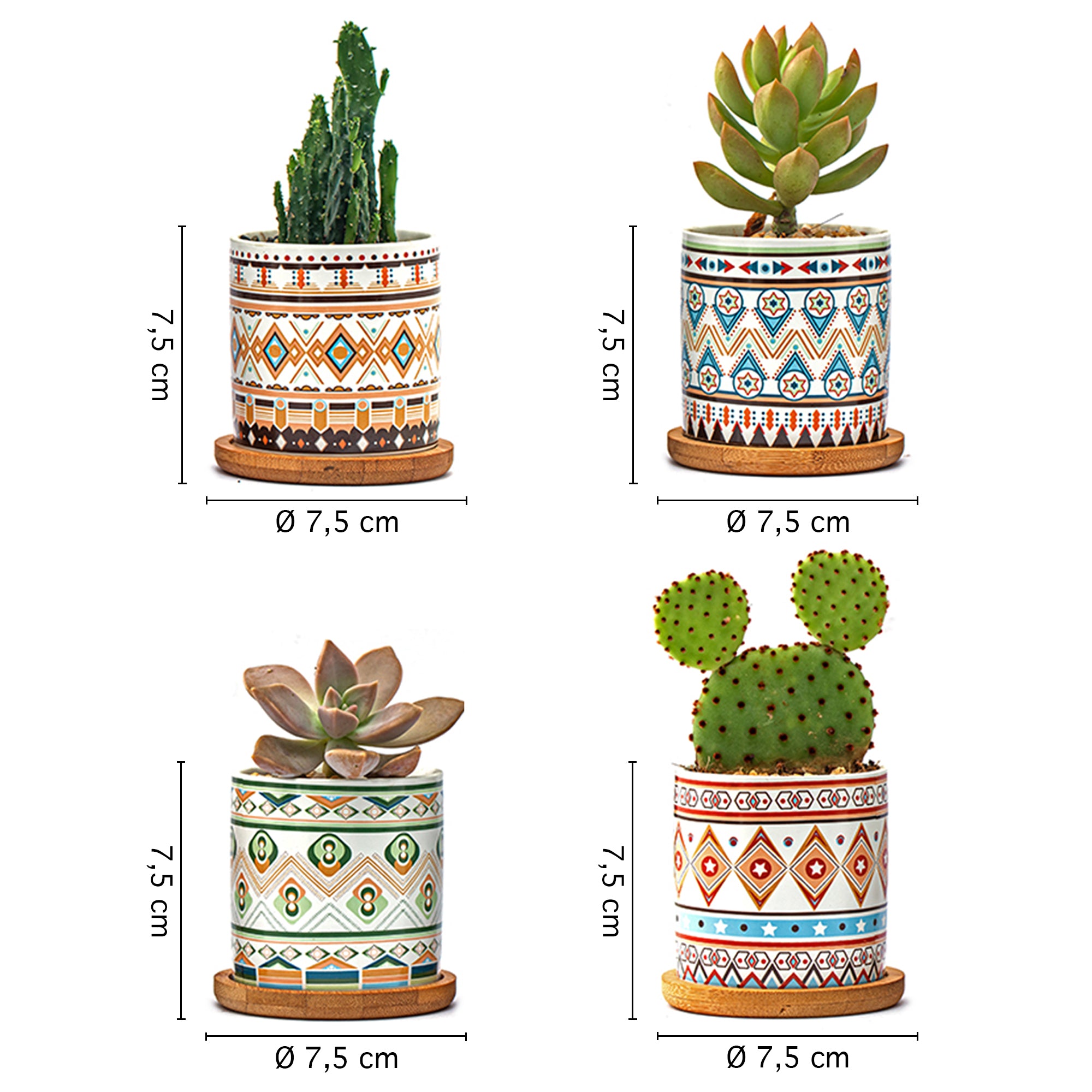 Set 4 Pezzi Vasi In Ceramica Con Decorazioni Fiori Piante Grasse Con Sotto Vaso In Bambù Foro Centrale Vasetti Cactus Decorazione Interno Esterno Con Foro Scarico Contenitore  - 7Mantra