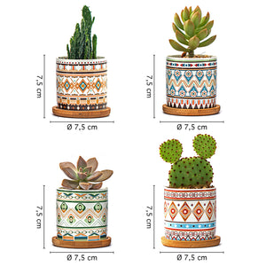 Set 4 Pezzi Vasi In Ceramica Con Decorazioni Fiori Piante Grasse Con Sotto Vaso In Bambù Foro Centrale Vasetti Cactus Decorazione Interno Esterno Con Foro Scarico Contenitore  - 7Mantra