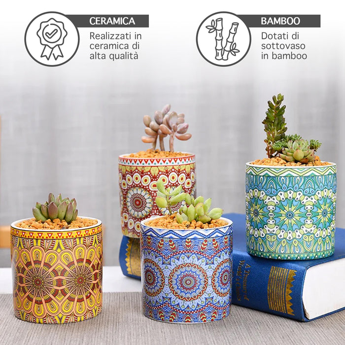 Set 4 Pezzi Vasi In Ceramica Con Decorazioni Fiori Piante Grasse Con Sotto Vaso In Bambù Foro Centrale Vasetti Cactus Decorazione Interno Esterno Con Foro Scarico Contenitore  - 8Mandala