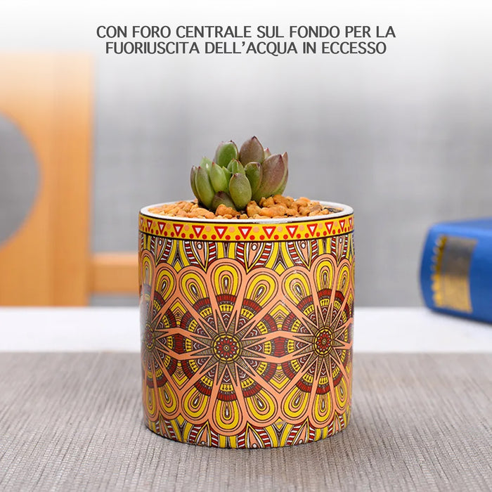 Set 4 Pezzi Vasi In Ceramica Con Decorazioni Fiori Piante Grasse Con Sotto Vaso In Bambù Foro Centrale Vasetti Cactus Decorazione Interno Esterno Con Foro Scarico Contenitore  - 8Mandala