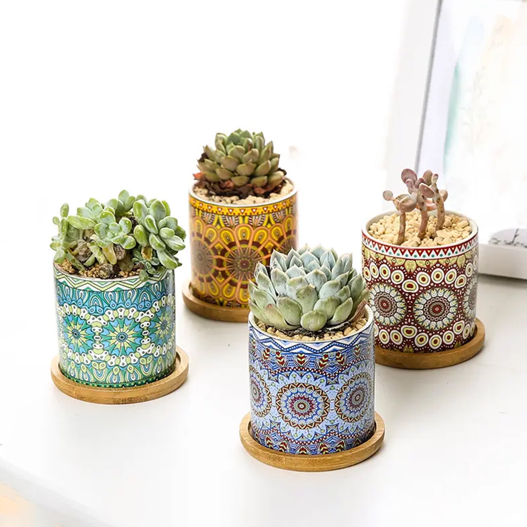 Set 4 Pezzi Vasi In Ceramica Con Decorazioni Fiori Piante Grasse Con Sotto Vaso In Bambù Foro Centrale Vasetti Cactus Decorazione Interno Esterno Con Foro Scarico Contenitore  - 8Mandala