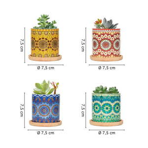 Set 4 Pezzi Vasi In Ceramica Con Decorazioni Fiori Piante Grasse Con Sotto Vaso In Bambù Foro Centrale Vasetti Cactus Decorazione Interno Esterno Con Foro Scarico Contenitore  - 8Mandala