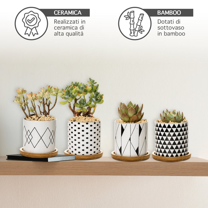 Set 4 Pezzi Vasi In Ceramica Con Decorazioni Fiori Piante Grasse Con Sotto Vaso In Bambù Foro Centrale Vasetti Cactus Decorazione Interno Esterno Con Foro Scarico Contenitore  - 9Geometrico