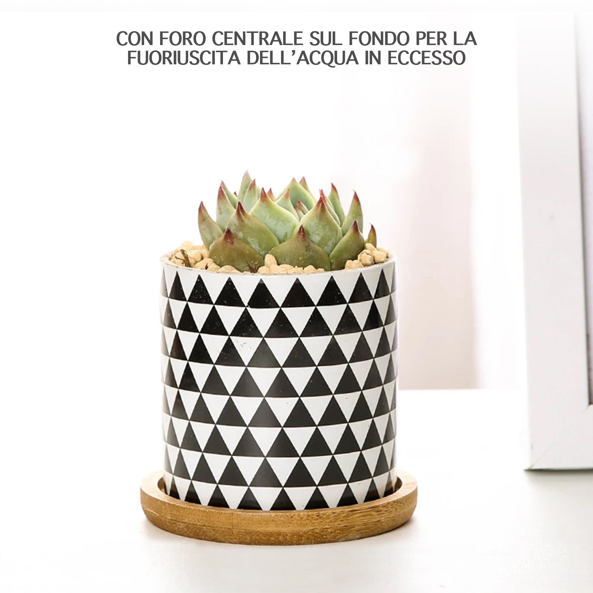 Set 4 Pezzi Vasi In Ceramica Con Decorazioni Fiori Piante Grasse Con Sotto Vaso In Bambù Foro Centrale Vasetti Cactus Decorazione Interno Esterno Con Foro Scarico Contenitore  - 9Geometrico