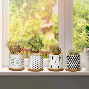 Set 4 Pezzi Vasi In Ceramica Con Decorazioni Fiori Piante Grasse Con Sotto Vaso In Bambù Foro Centrale Vasetti Cactus Decorazione Interno Esterno Con Foro Scarico Contenitore  - 9Geometrico