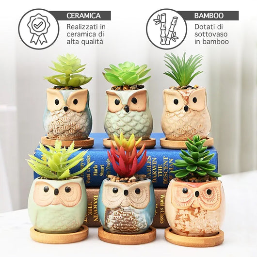 Set 6 Pezzi Vasi In Ceramica Fiori Piante Grasse Gufi Con Sotto Vaso In Bambù Foro Centrale Cactus Decorazione Interno Esterno Casa Vasetto Con Foro Scarico Fioriera Contenitore - 1Gufetti