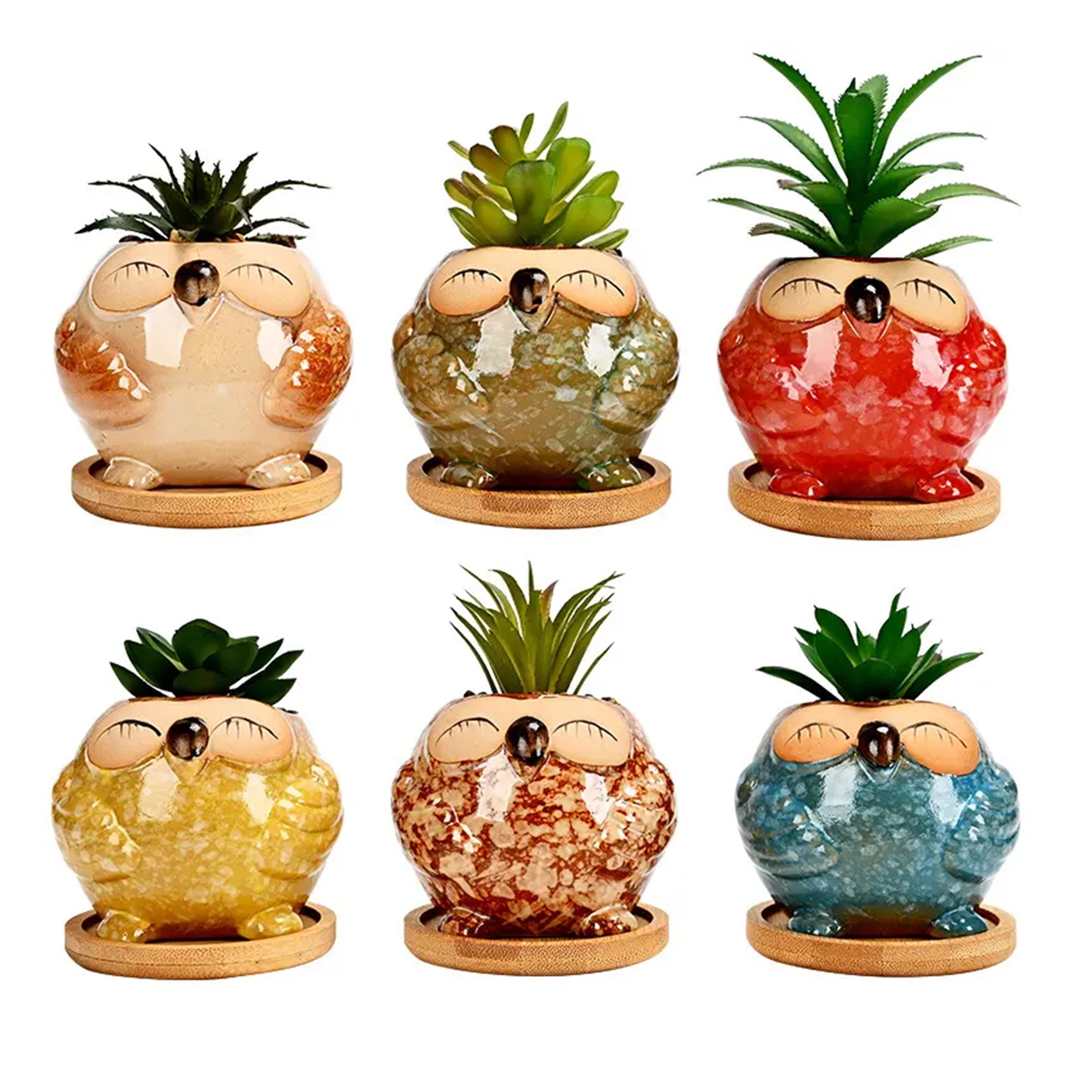 Set 6 Pezzi Vasi In Ceramica Fiori Piante Grasse Gufi Con Sotto Vaso In Bambù Foro Centrale Cactus Decorazione Interno Esterno Casa Vasetto Con Foro Scarico Fioriera Contenitore - 2Barbagianni