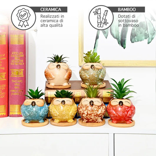 Set 6 Pezzi Vasi In Ceramica Fiori Piante Grasse Gufi Con Sotto Vaso In Bambù Foro Centrale Cactus Decorazione Interno Esterno Casa Vasetto Con Foro Scarico Fioriera Contenitore - 2Barbagianni