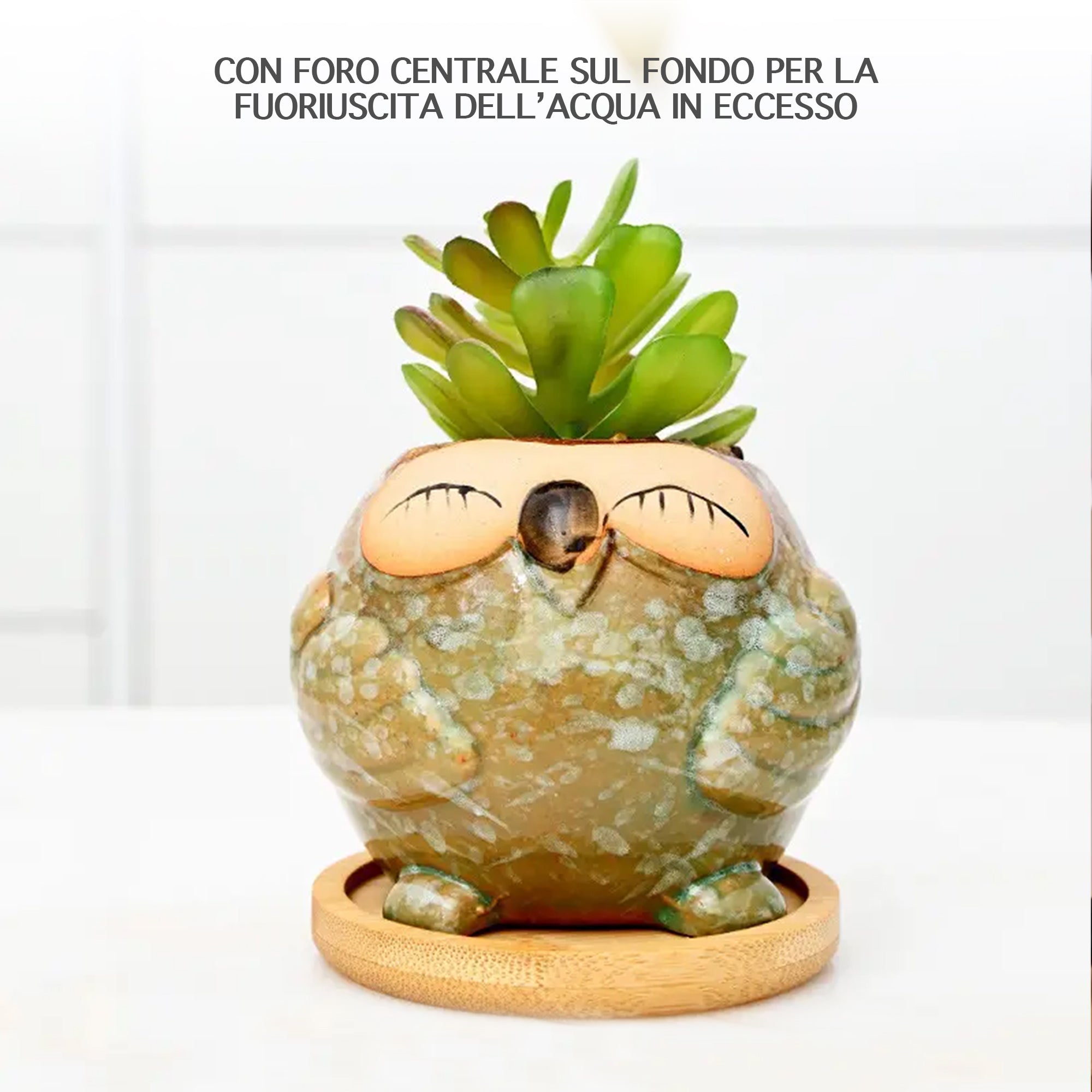 Set 6 Pezzi Vasi In Ceramica Fiori Piante Grasse Gufi Con Sotto Vaso In Bambù Foro Centrale Cactus Decorazione Interno Esterno Casa Vasetto Con Foro Scarico Fioriera Contenitore - 2Barbagianni