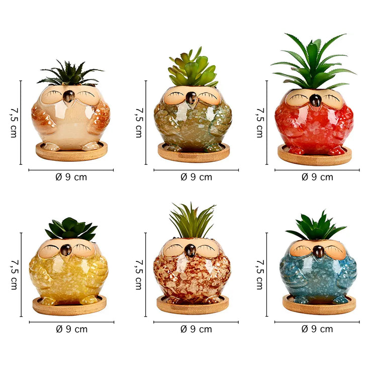 Set 6 Pezzi Vasi In Ceramica Fiori Piante Grasse Gufi Con Sotto Vaso In Bambù Foro Centrale Cactus Decorazione Interno Esterno Casa Vasetto Con Foro Scarico Fioriera Contenitore - 2Barbagianni